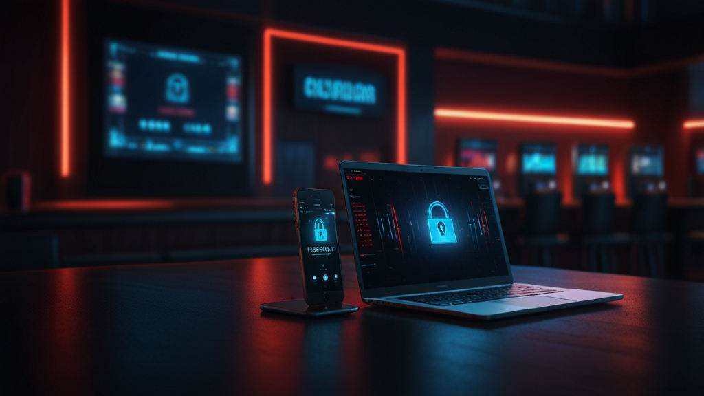 Laptop and phone showing a secure casino login screen in a neon-lit room