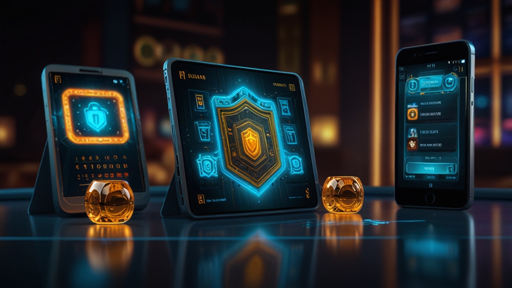Smartphone, tablet, and security icons showing app compatibility and protection